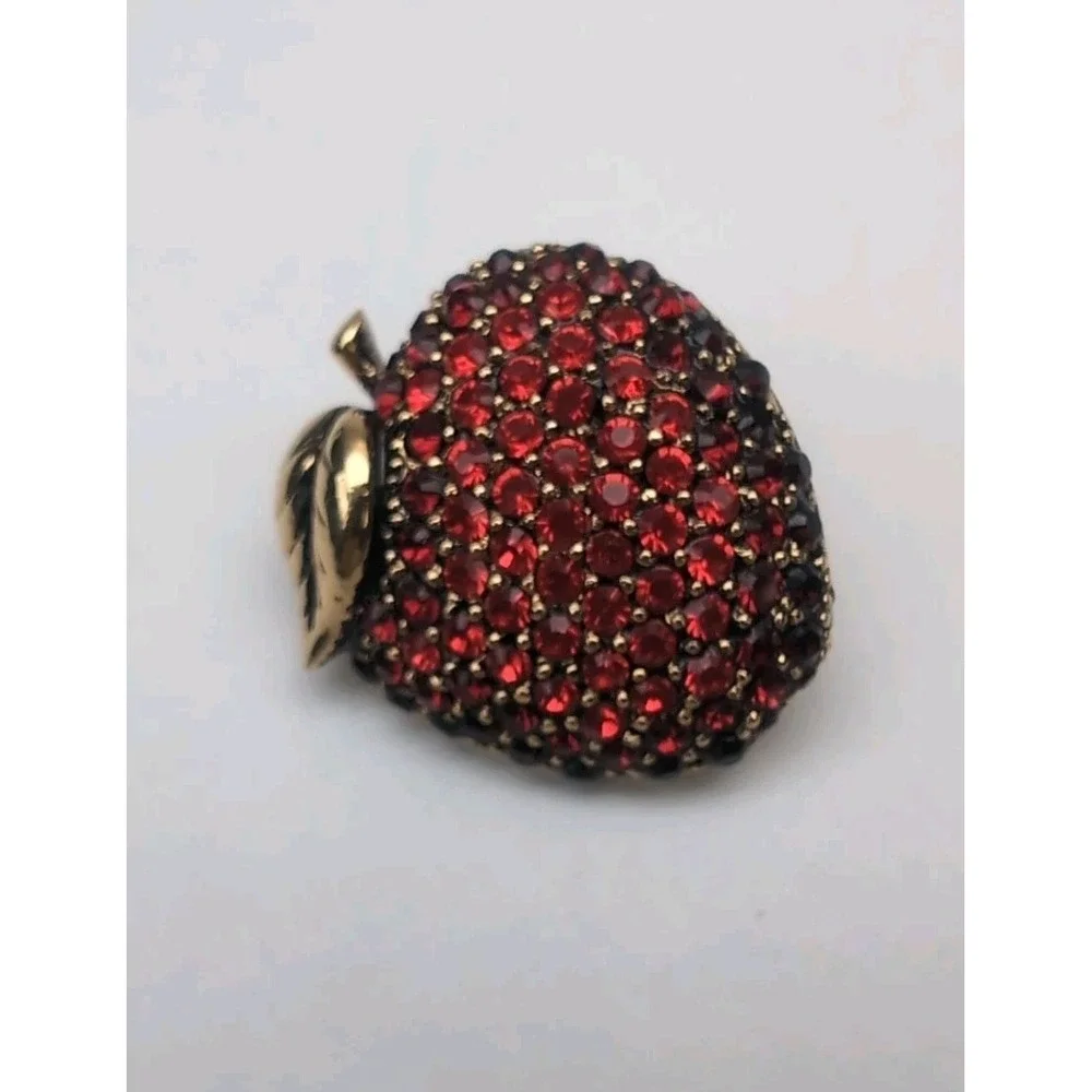 Vintage MONET Goldtone Red Apple Rhinestone Brooch Teacher Gift Pin Collectable